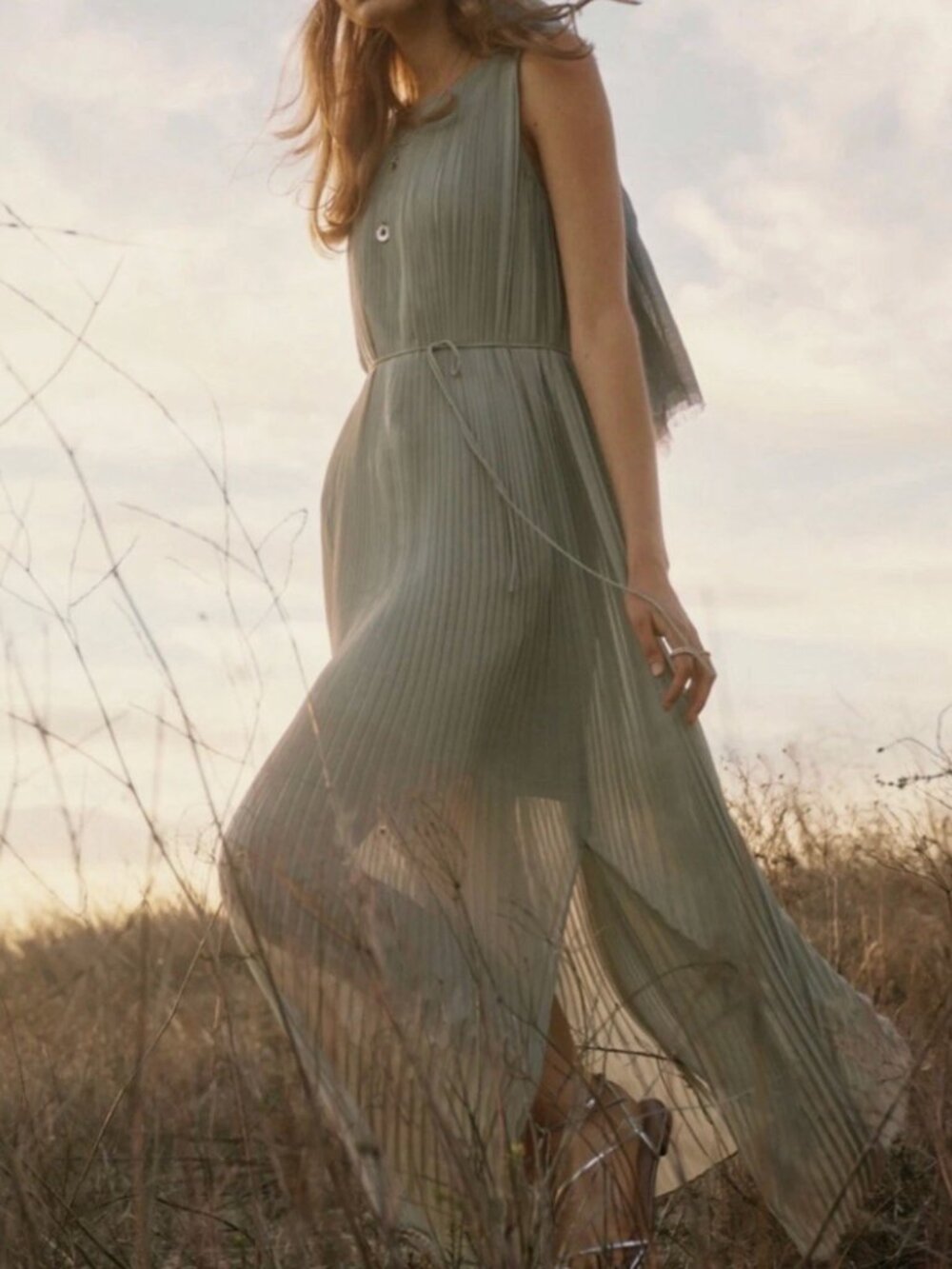 Banana Republic Sage Green Georgette Sleeveless Column Pleated Midi Maxi Dress M